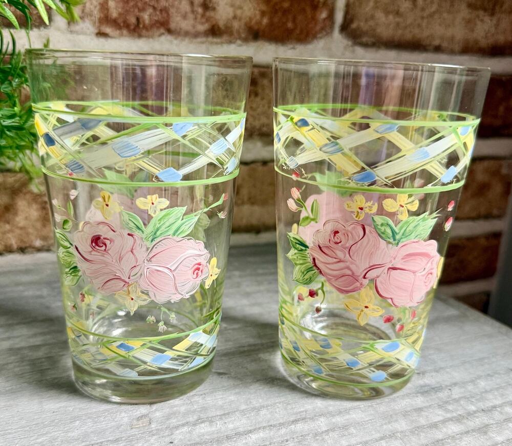 Vintage Waverly Masterpiece Garden Room Tumblers | Pink Cabbage Rose Glasses